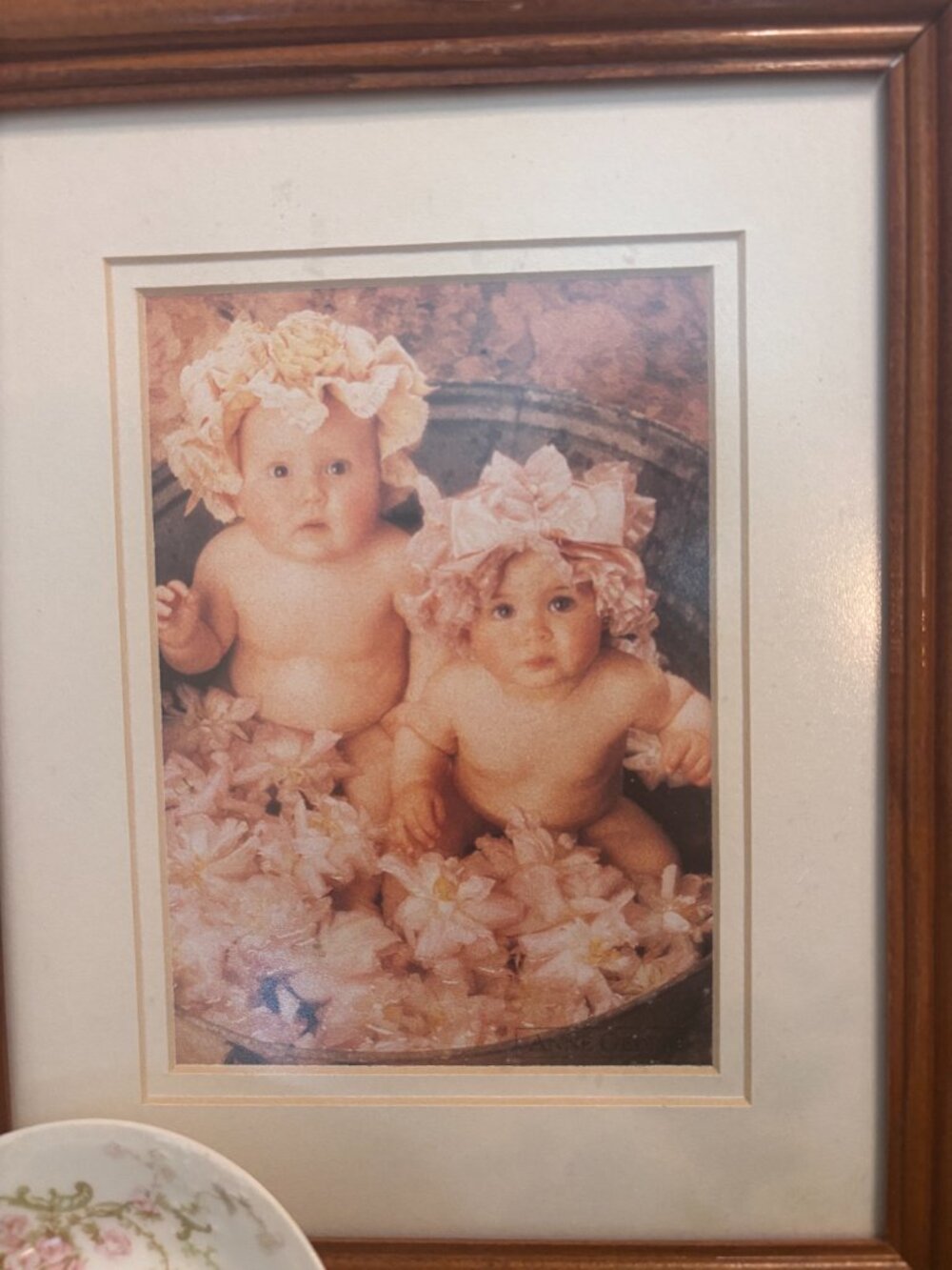 VTG 90s/Y2K Anne Geddes Framed and Matted Print Babies in Flower Tub